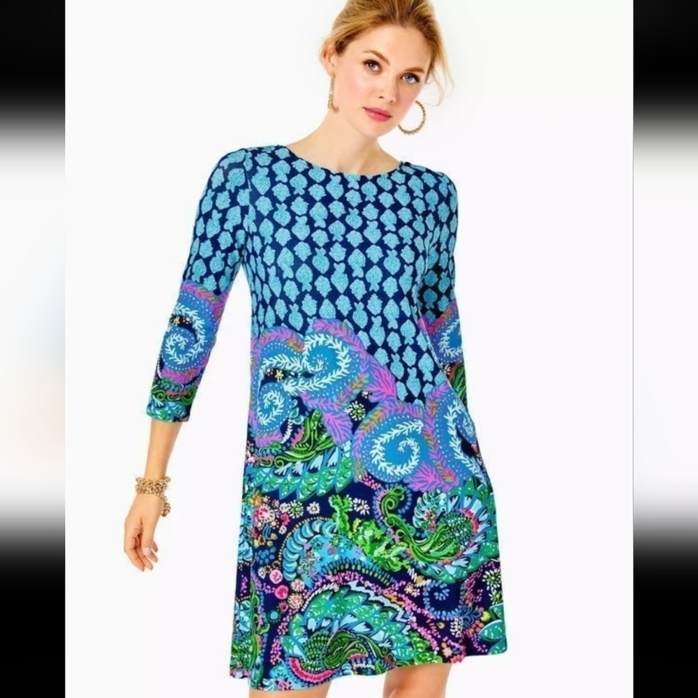 NWT Lilly Pulitzer Ophelia 3/4 Swing Dress Multicolor Undersea Print Stretchy